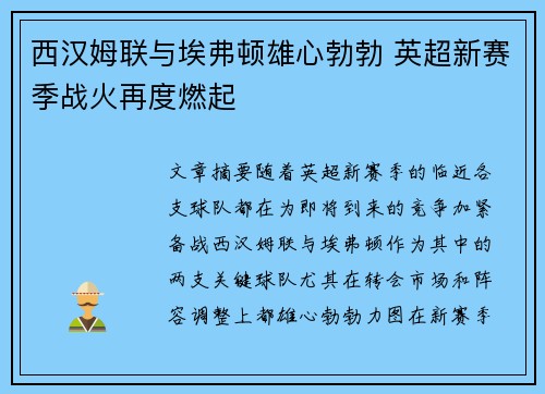 西汉姆联与埃弗顿雄心勃勃 英超新赛季战火再度燃起